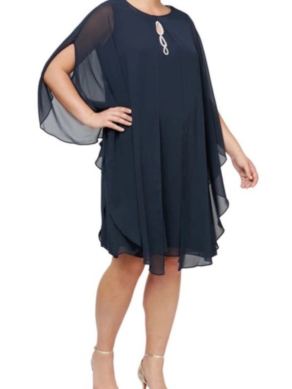 SLNY High Neck Multi Chiffon Capelet & Dress 2-piece Set In Navy NWT size 18W